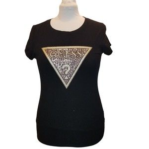 Guess Tee Shirt Womens Size L  Black Gold Animal Print Logo Tshirt